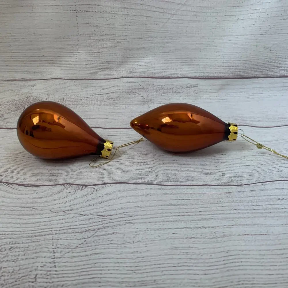 Vintage Glass Ornaments Set of 2 Brown Gold Drop Teardrop Christmas Tree